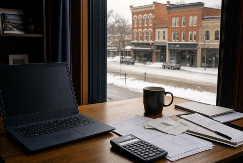 Calculator, laptop and paperwork laid out neatly, snow visible on the street outside