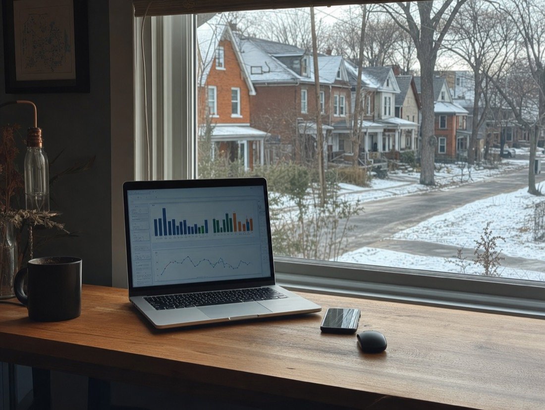 Advertising charts on a laptop by a window looking onto a snowy row of older brick homes