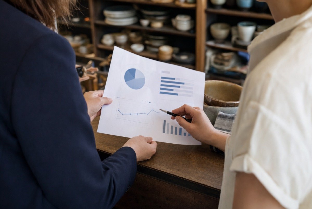 Two people at a shop counter going through the pages of a printed report