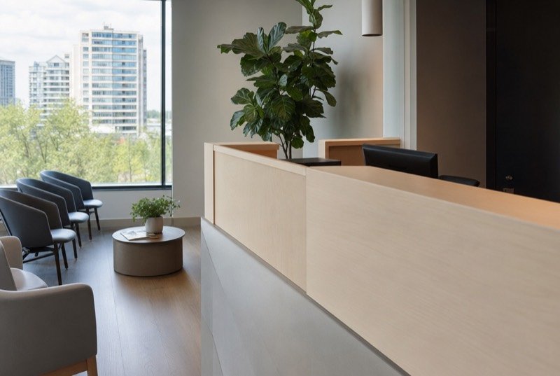 Front desk of a sunny dental office, timber counter and tall glass behind it