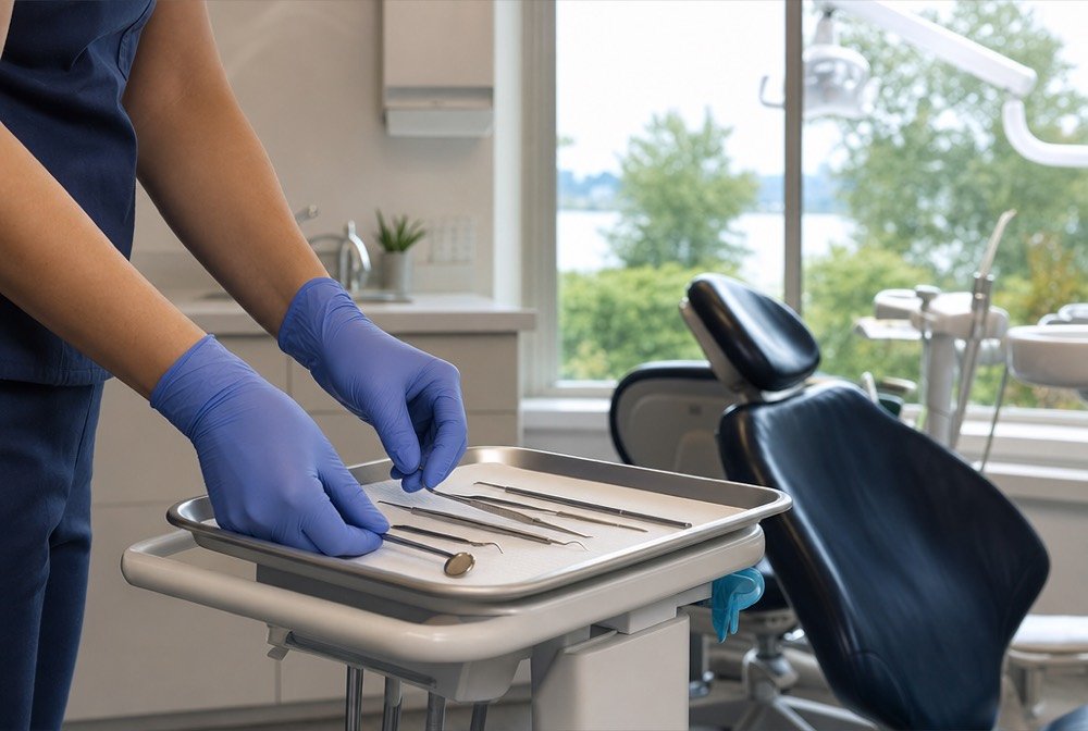 Gloved hands of a dentist arranging tools on a tray ahead of a patient visit
