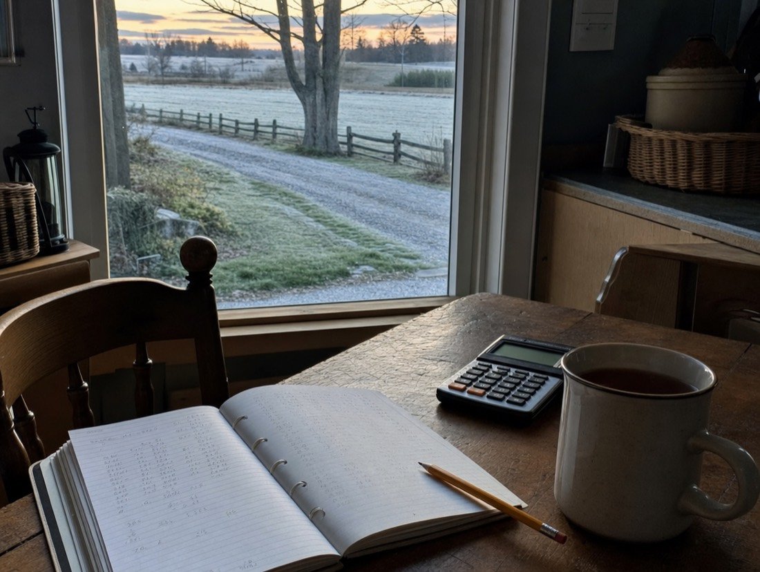 A kitchen table with a notebook of handwritten figures, a calculator and a mug of tea beside a frosty window