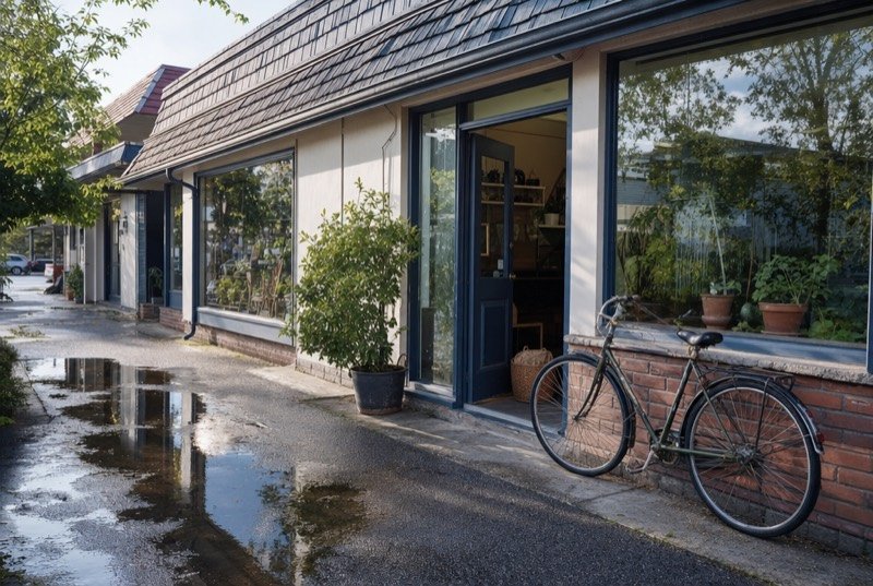 The front of a small independent shop in a plaza, pavement still wet from rain