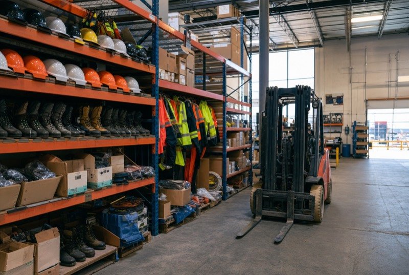 An industrial supply warehouse with racks of hard hats, safety vests and boots, and a forklift in the aisle