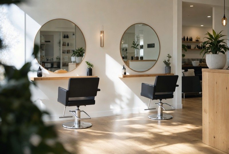 Styling stations with round mirrors and pale wooden surfaces in a quiet salon