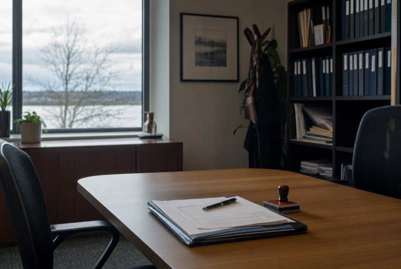A meeting room table set with documents, a pen and a stamp