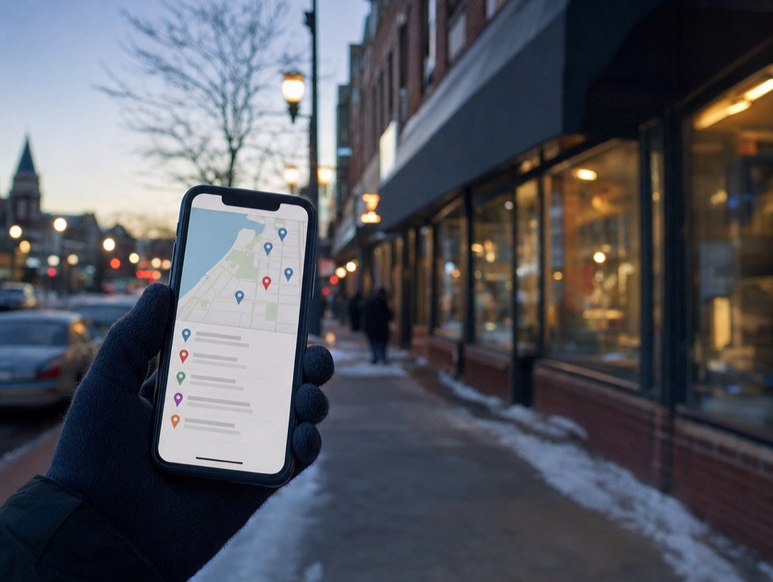 Phone in a winter glove showing map pins and listings, with brick storefronts on a snowy street out of focus