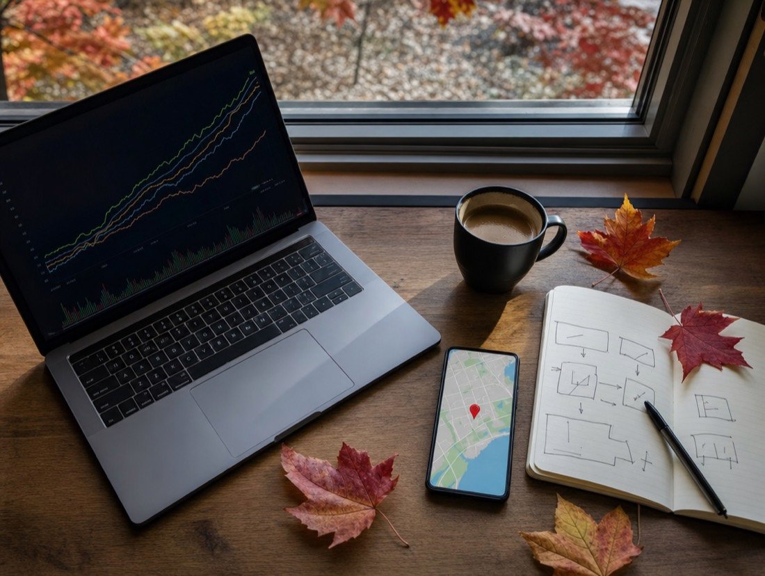 Laptop with rising chart lines, a phone map and a notebook of page sketches, fallen leaves scattered around the desk