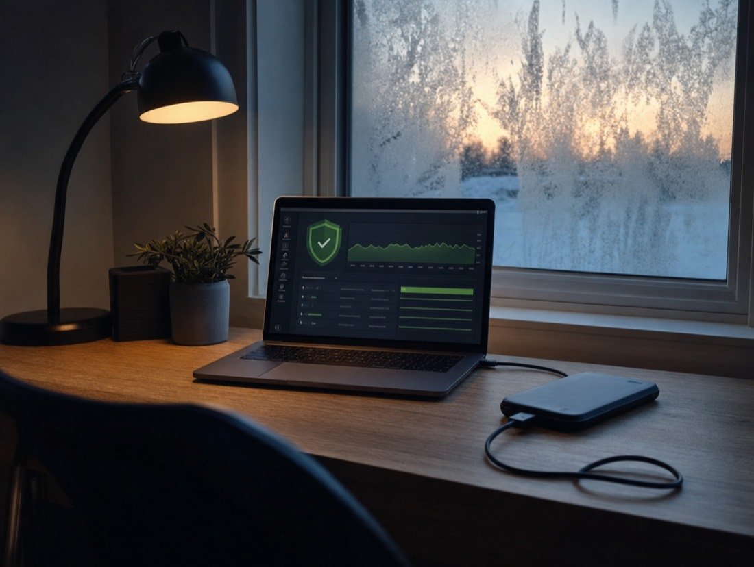 A laptop with a security shield and a steady uptime graph next to a backup drive by a frosted window at dawn