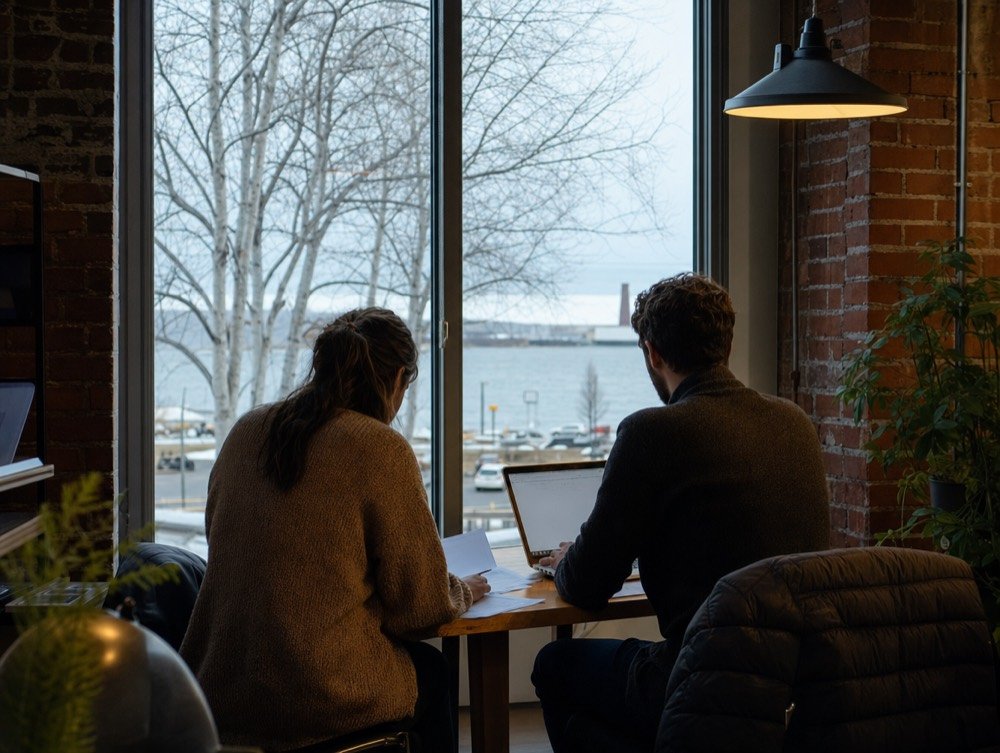 Two people in sweaters reviewing a laptop and printed notes at a wooden table, with a grey lake and bare birch trees through the window behind them
