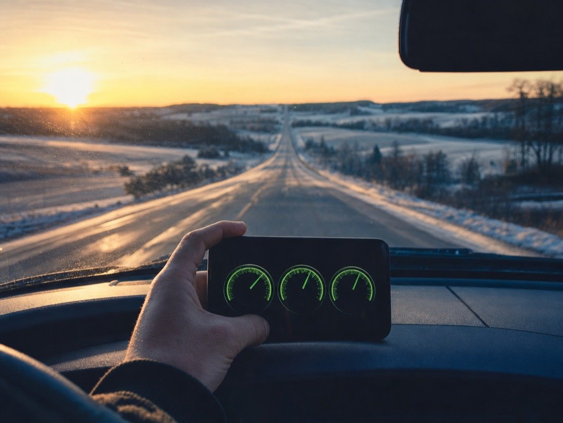Phone with three green dials, raised against a snowy highway at sunrise