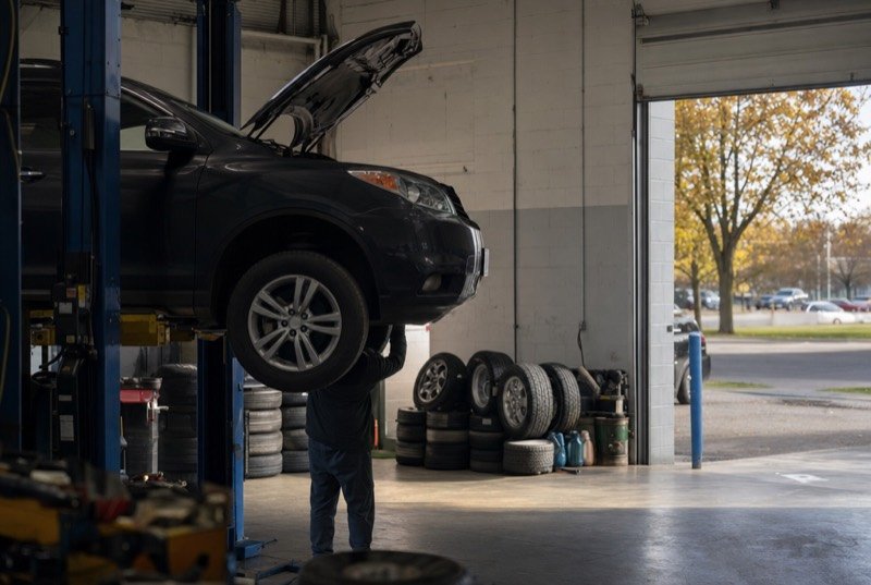 An SUV lifted on a hoist inside a small independent garage