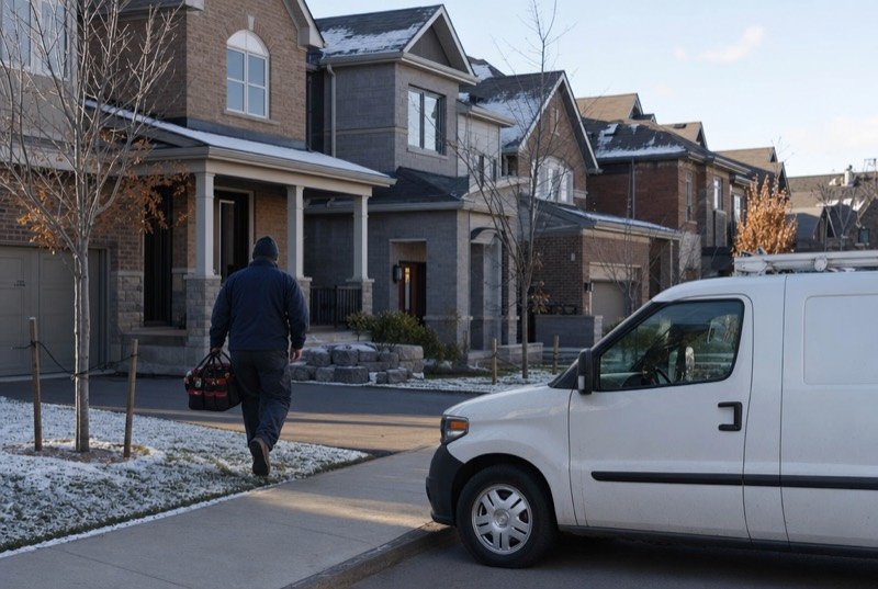 A technician walking up to a brick and stone house in early winter
