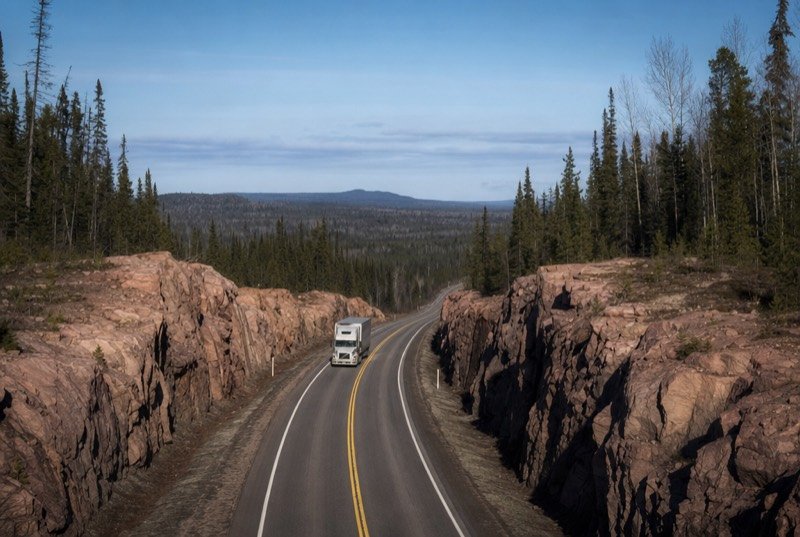A tractor-trailer on a two-lane highway through a pink granite rock cut, forest on both sides