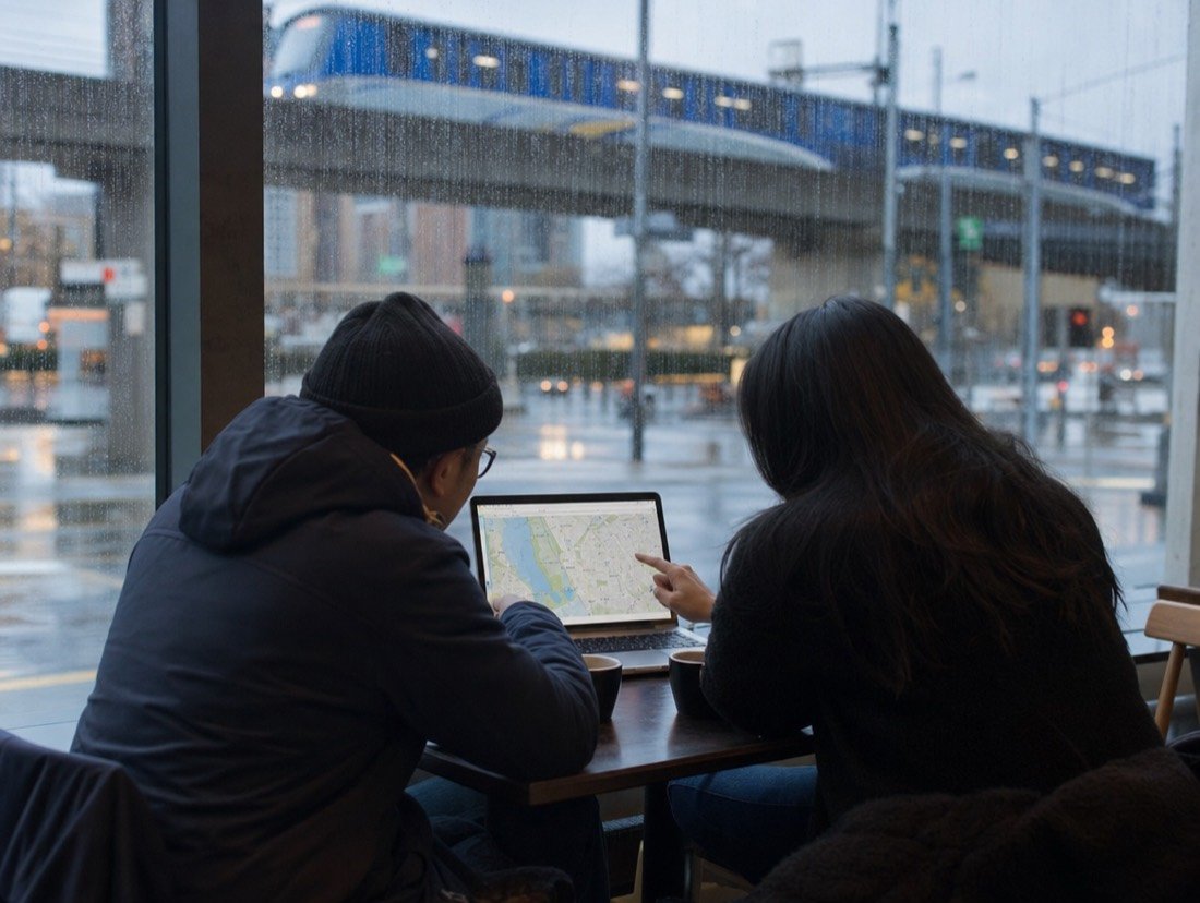 Two planners sharing a laptop map over coffee while street lights shine on wet pavement