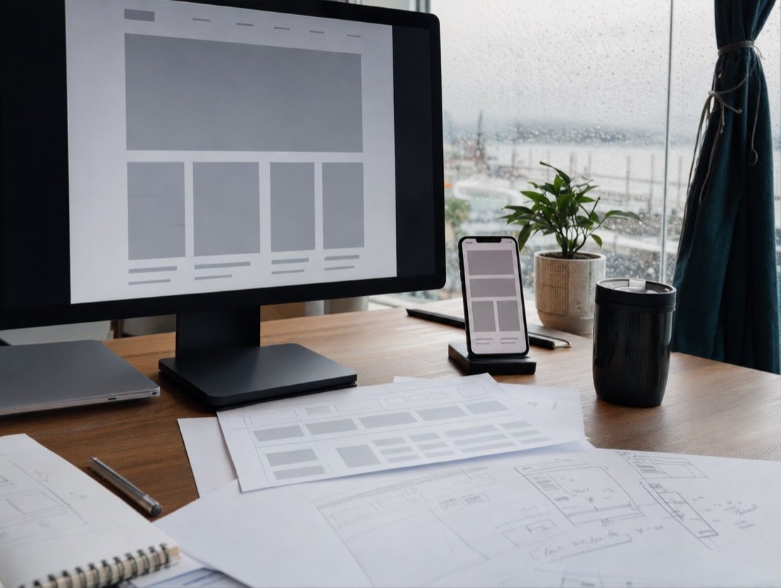 Grey-box page layouts on a monitor and a phone next to pencil sketches, rain on the glass