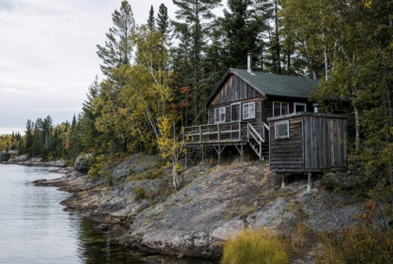 A small weathered wooden cabin and sauna shed on a granite shoreline among spruce and birch