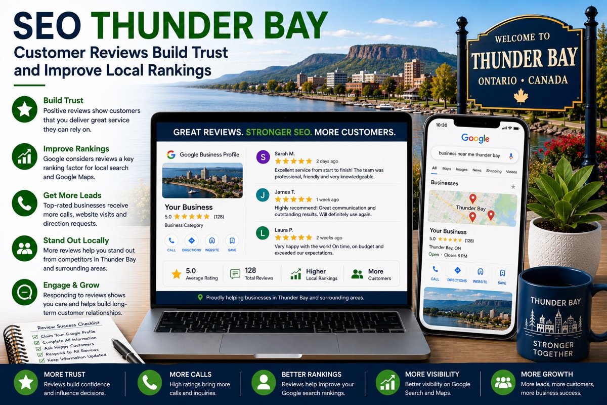 Graphic: “Customer Reviews Build Trust and Improve Local Rankings”, with laptop and phone screens showing Google reviews